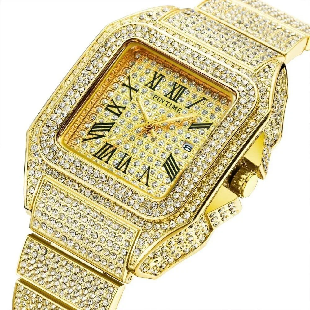 Men's Gold Crystal Bling Rectangle Case Stainless Steel Quartz Analog Watch